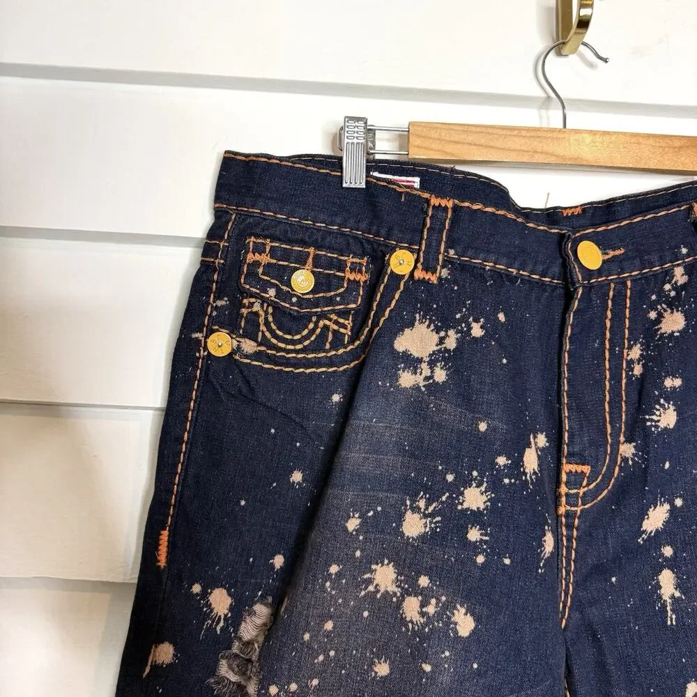 TRUE RELIGION Billy T Flap Pocket Denim Shorts Bleach Splatter Size 42 NWT